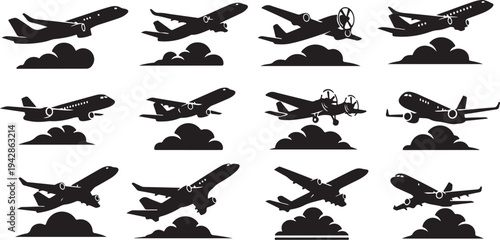 Airplane Silhouettes Flying Through Clouds in the Sky