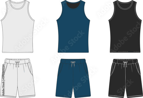 Set of three men's tank top and shorts outfits, technical drawing in black, gray, and blue, vector illustration for sportswear and loungewear.