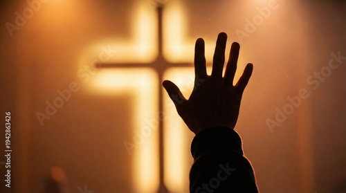 Woman reaching hand toward illuminated cross during church service. Christian religious concept with worship and prayer. Believer in prayerful state during Easter or spiritual event revival.