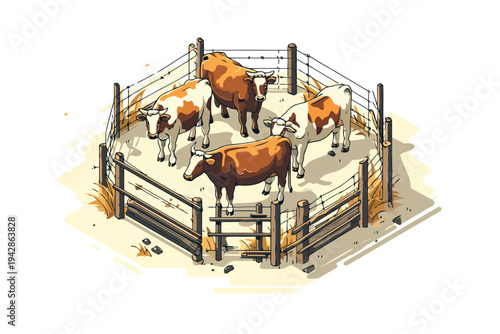 Livestock Pen with Cows and Fencing isometric isolated
