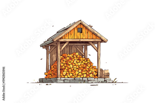 Neatly Arranged Firewood in a Wooden Shed isolated