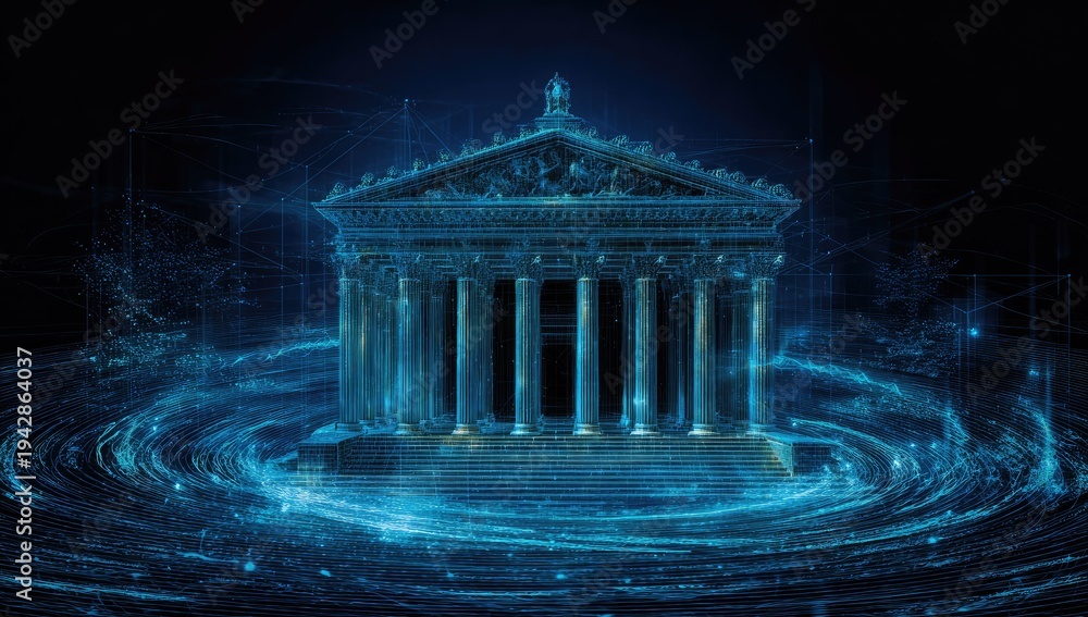 Fototapeta premium Ancient temple rendered in glowing blue digital light, a modern concept