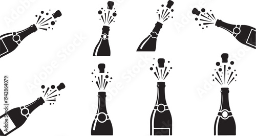 Champagne Bottles Celebrating with Corks Popping in Black Silhouette