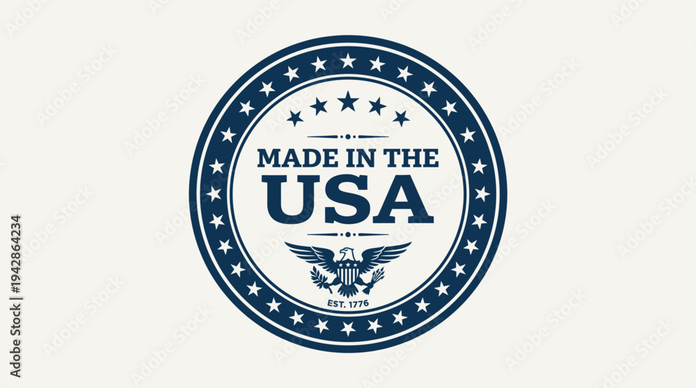 Obraz premium Circular blue seal badge prominently displays the phrase Made in the USA with an eagle graphic centered below.