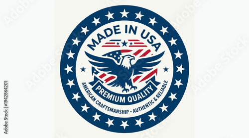 Patriotic emblem clearly states premium quality craftsmanship indicating the product was made in the USA.