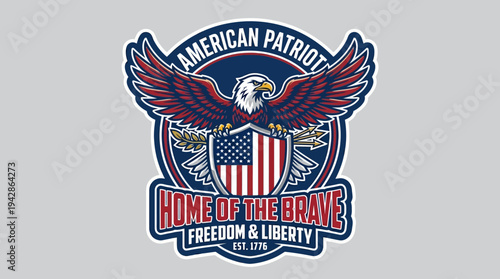 American patriot emblem incorporates a fierce bald eagle with outstretched wings over the American flag within a decorative shield frame.