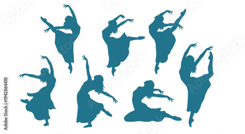 Seven blue silhouettes of dancers executing various ballet movements in an elegant display of grace and artistry