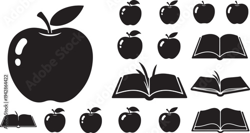 Black and white icons of apples and open books