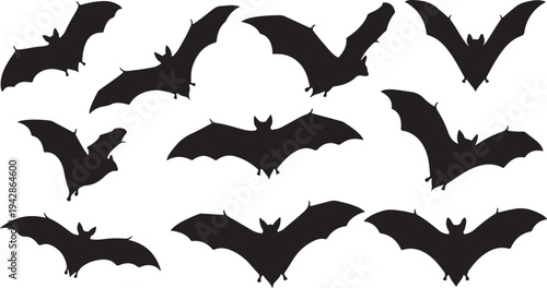 Black bat silhouettes flying on white background illustration set