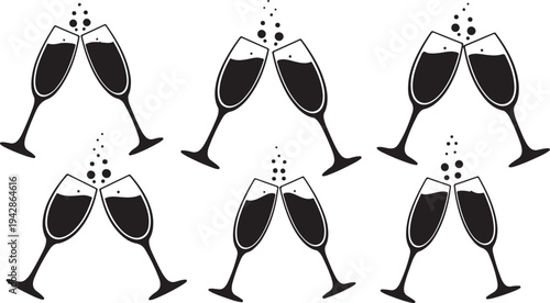 Black and White Illustration of Champagne Glasses Celebration Toast