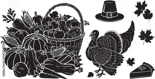 Thanksgiving icons including turkey, basket, and pilgrim hat symbols