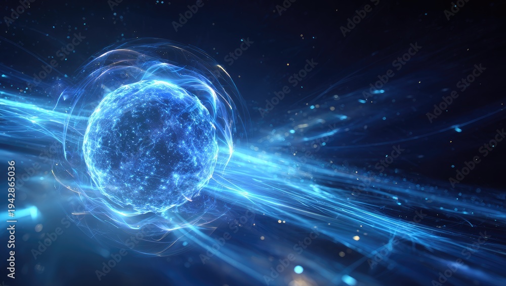 Obraz premium Luminous blue celestial body with energetic light streams in deep space