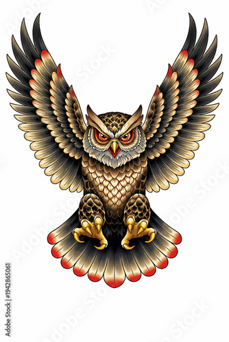 Vector Illustration of Japanese Irezumi Style Tattoo of Flying Owl