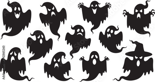 Halloween Ghosts and Bat Silhouettes on White Background Illustration