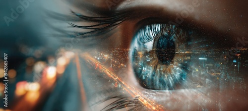 Close-up of a human eye reflecting a futuristic cityscape at night