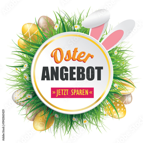 Emblem Osterangebot mit goldenen Ostereiern im Gras und süßen Hasenohren