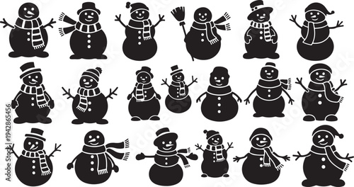 Collection of black snowmen in various winter poses isolated