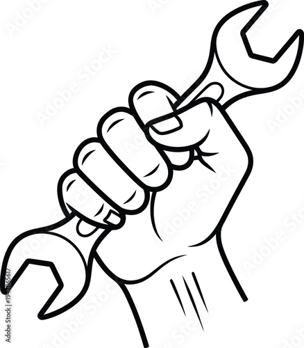 Thin Outline Icon Human Hand Holding a Wrench, Spanner in Arm. Such Line Sign as Car Mechanic Services Plumbing Work, Professional Services. Vector Computer Isolated Pictogram for Web Editable Stroke