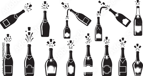 Black and white champagne bottles celebration icons set