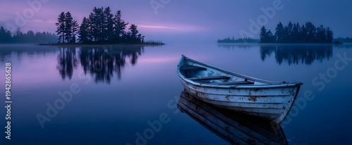 Wallpaper Mural Surface of a still lake reflects a lone rowboat amid twilight and silhouetted pine trees. Torontodigital.ca