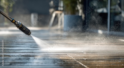 High-pressure spray cleaning a wooden deck outdoors, creating mist and spray