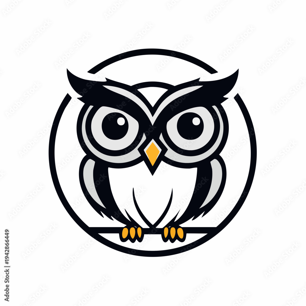 Naklejka premium A cute brown cartoon owl character with wise eyes and feathers perched on a branch and isolated on a white background as a wild nature vector illustration