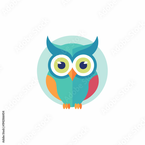 A cute cartoon owl character with wise eyes and a brown wing sits on a tree branch in this funny wildlife vector illustration design