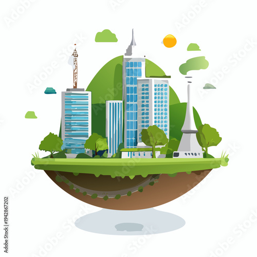 Eco Friendly Smart City on Floating Green Island – Sustainable Urban Environment Concept Illustration