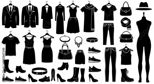 Fashionable Black Silhouettes of Clothing and Accessories for Men and Women.