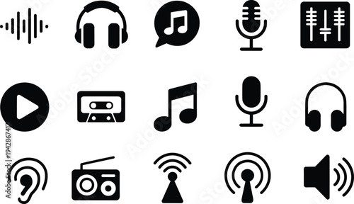 Black audio media icons set, music player symbols including microphone headphones radio speaker cassette and sound wave vector illustration isolated on white background