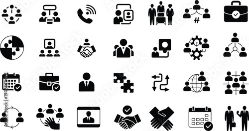 Business communication icon set, corporate teamwork and management solid black symbols collection for web, app, presentation, and office branding design