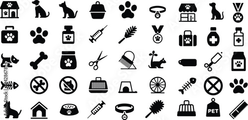 Pet care icon set, black solid veterinary and animal clinic symbols collection isolated on white background for web, app, logo design