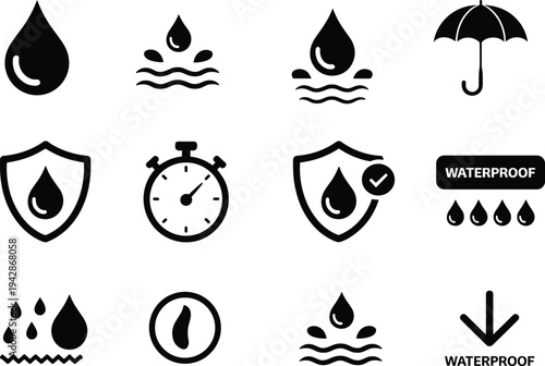 Waterproof Protection Icons Set with Water Drop Shield Umbrella Stopwatch Symbols, Water Resistant Rating Signs Vector Illustration Isolated on White Background