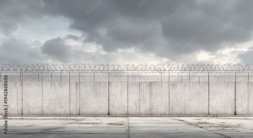 Fototapeta premium Stark concrete wall topped with barbed wire against a dramatic, cloudy sky