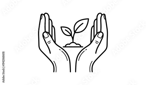 Eco concept hands protecting plant sprout black and white outline vector illustration