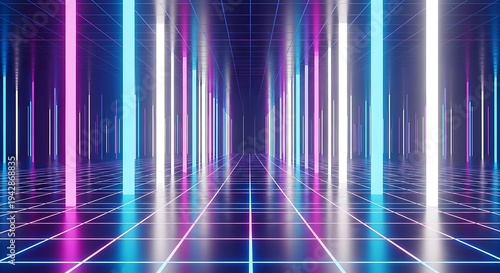 Futuristic neon light tunnel with glowing grid floor and vibrant colors in a retro style