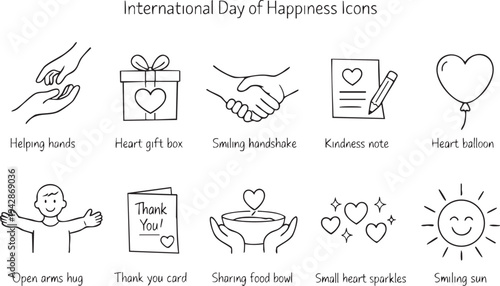 Hand-drawn line art icons celebrating international day of happiness, featuring symbols of kindness, caring, sharing, and positive human connections.