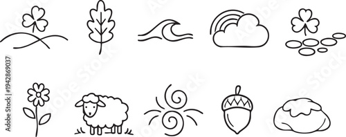 A delightful collection of simple line art nature-themed icons perfect for children's books and educational materials showcasing a variety of elements.