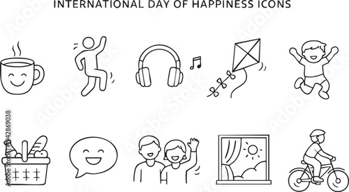 Hand drawn line art icons illustrating joy, well-being, and positive emotions suitable for international day of happiness celebrations.