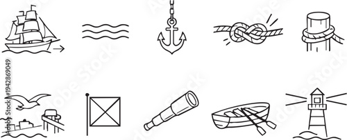 Collection of simple black and white nautical and maritime line art icons representing sea travel and navigation elements