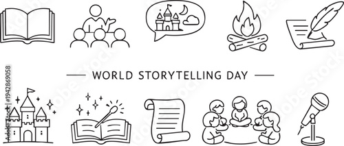 Collection of simple black and white line art icons representing various elements associated with storytelling traditions and events.