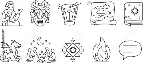 A diverse collection of mystical and ancient culture line art icons perfect for fantasy storytelling and adventure-themed designs.