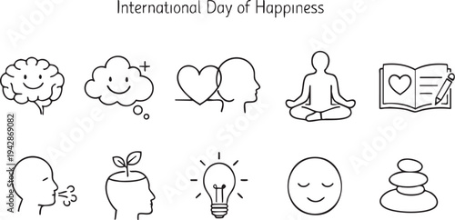 Collection of black and white line art icons representing concepts for mental wellness and happiness practices