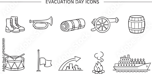 Collection of black and white line art icons representing historical evacuation day preparation and travel elements