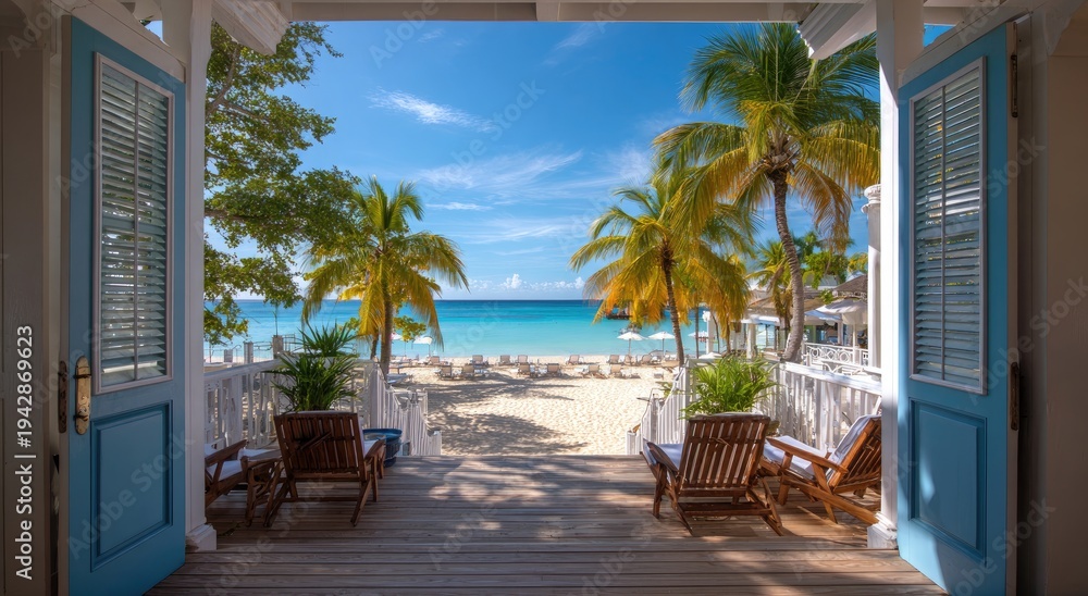 Fototapeta premium Open doors reveal tropical beach, palm trees, lounge chairs, and ocean