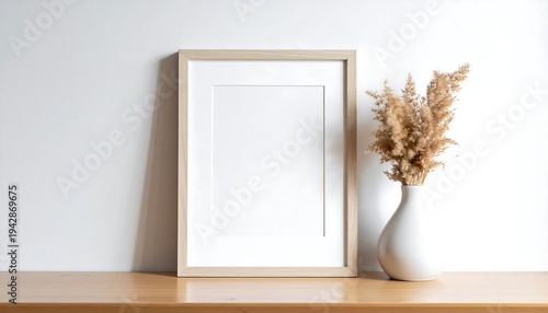 Wallpaper Mural Minimalist wooden frame mockup with a vase of dried flowers on a wooden table. Torontodigital.ca