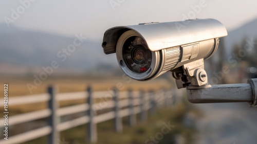 Surveillance Camera Mounted on a Post Overlooking a Distant Landscape with Fencing and Smooth Background in a Calm Environment