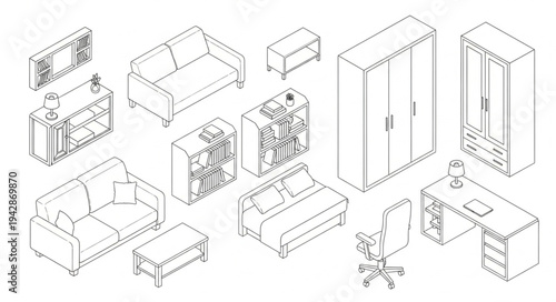 Isometric line art illustration of various home and office furniture pieces.