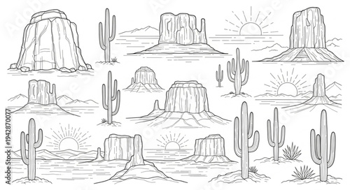 Desert landscape with mountains and cactuses.