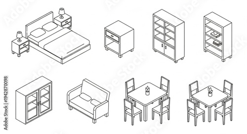 Isometric line art drawings of various furniture pieces for home interior design layouts.